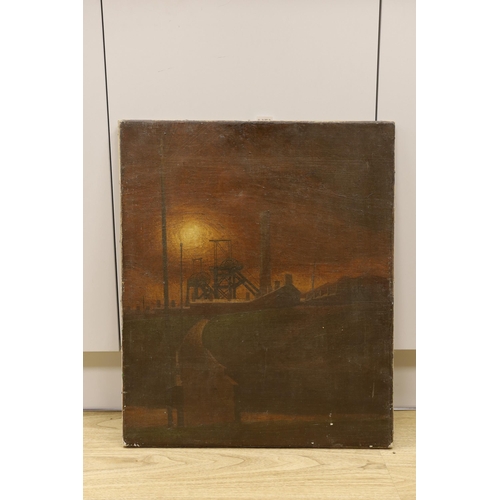 1714 - Modern British, oil on canvas, Colliery at sunset, a sketch of girders verso, 60 x 50cm, unframed, s... 