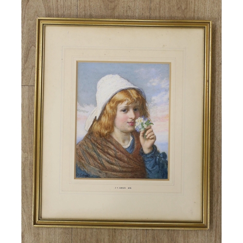 1718 - Joseph Vincent Gibson (fl.1861-1888), watercolour, Young woman with a bouquet, signed and dated 1878... 