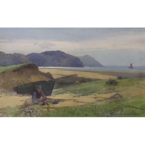 1721 - Carleton Grant (1860-1930), watercolour, Fisherboy mending nets on the seashore, signed and dated 18... 