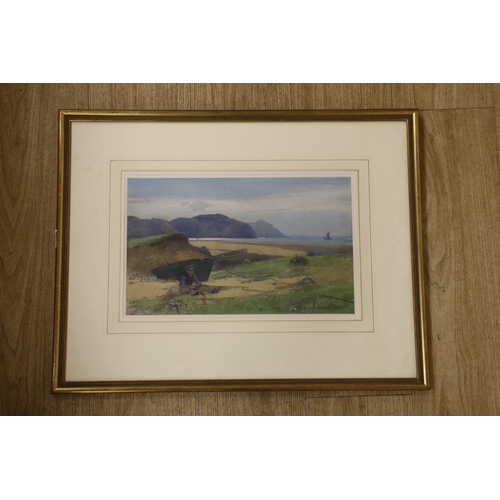 1721 - Carleton Grant (1860-1930), watercolour, Fisherboy mending nets on the seashore, signed and dated 18... 