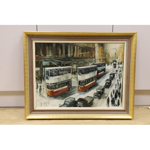 1725 - Malcolm Young (b.1937), oil on board, Street scene with trams, signed and dated '74, 44 x 59cm... 