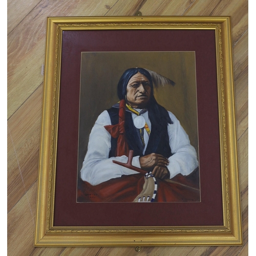 1738 - L. Burrows, oil on board, Spotted Tail portrait of a Native American gent. Signed and dated 1986, ... 