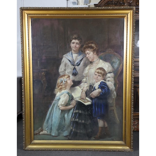 1742 - Leon Sprinck (fl. 1862-1948), pastel, Family portrait of mother and children, signed, 155 x 115cm... 