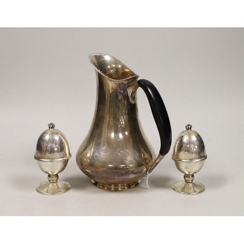 1804 - A Danish 830S white metal hot water jug, by Cohr, height 18.9cm and a pair of Danish sterling white ... 