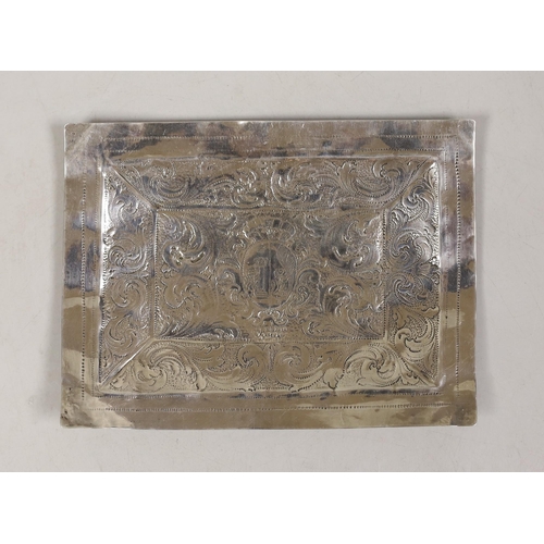 1806 - An 18th century? Italian white metal rectangular plaque, engraved with scrolls and central armorial,... 