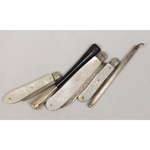 1816 - Three assorted mother of pearl mounted silver fruit knives, largest 82mm, a cigarette holder and a s... 