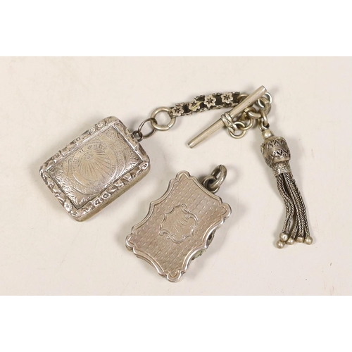 1820 - Two small silver vinaigrettes, by Nathaniel Mills, Birmingham, 1843, 23mm and 1831 with tassel fob.... 