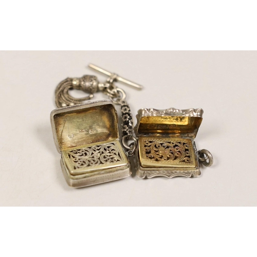 1820 - Two small silver vinaigrettes, by Nathaniel Mills, Birmingham, 1843, 23mm and 1831 with tassel fob.... 