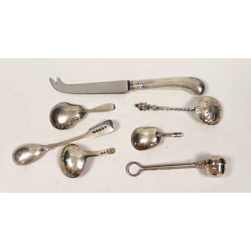 1837 - Three silver caddy spoons, including two 19th century, a silver infuser, a sifter spoon, a cheese kn... 