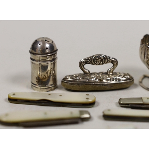 1839 - Eight mother of pearl mounted fruit of pocket knives and a small silver funnel, etc, including treen... 