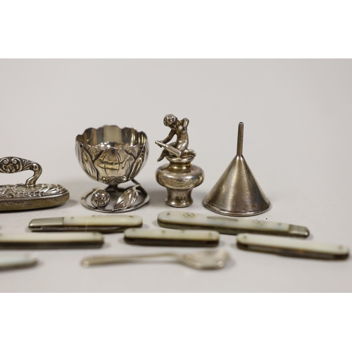 1839 - Eight mother of pearl mounted fruit of pocket knives and a small silver funnel, etc, including treen... 