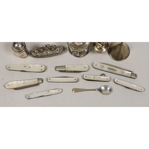 1839 - Eight mother of pearl mounted fruit of pocket knives and a small silver funnel, etc, including treen... 