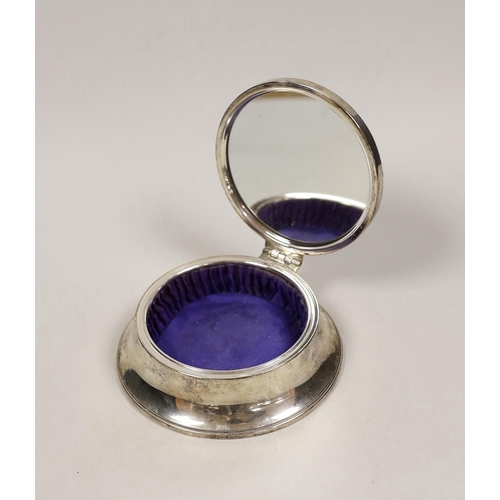 1843 - A 1950's part engine turned silver mounted circular jewellery casket, base diameter 12.8cm.