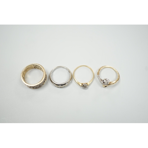 1879 - Three modern 9ct gold and diamond chip set rings and a yellow metal and solitaire diamond set ring, ... 