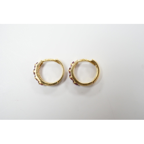 1882 - A modern pair of Italian 750 yellow metal and four stone square cut garnet set hoop earrings, 14mm, ... 