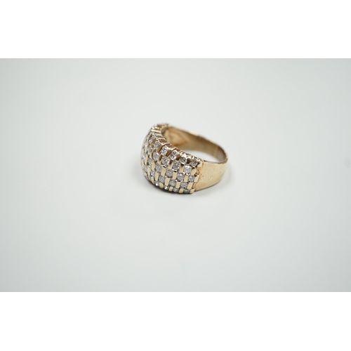 1883 - A modern yellow metal and pave set five row diamond dress ring, size R, gross weight 9.2 grams.... 