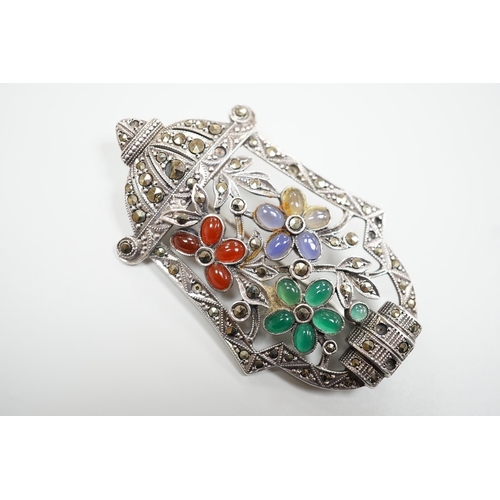 1885 - A white metal, marcasite and cabochon stone cluster set brooch, 51mm.