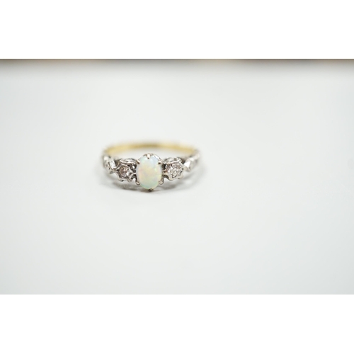 1888 - An 18ct and plat, single stone cabochon white opal and two stone diamond set ring, size L/M, gross w... 