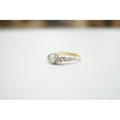 1888 - An 18ct and plat, single stone cabochon white opal and two stone diamond set ring, size L/M, gross w... 