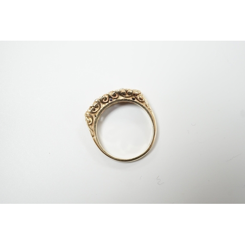 1889 - A modern Victorian style 9ct gold, three stone sapphire and two stone diamond set half hoop ring, si... 