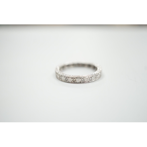 1892 - A white metal, stamped plat and diamond chip set full eternity ring, size K, gross weight 3.7 grams.... 