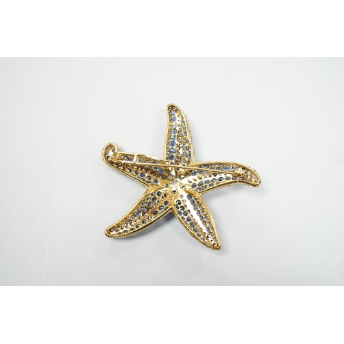 1903 - A mid to late 20th century 750 yellow metal, sapphire and diamond cluster set starfish brooch, maker... 