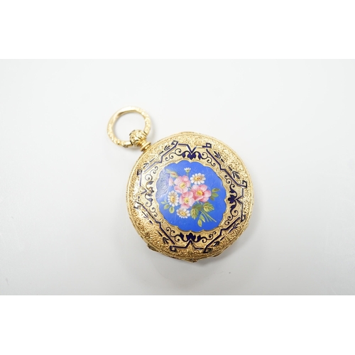 1907 - An early 20th century Swiss 18k and enamelled fob watch, decorated with the bust of a young girl and... 