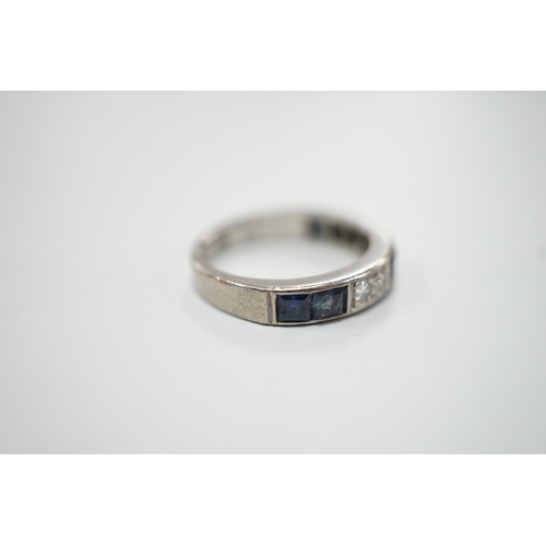 1912 - A modern 18ct white gold, six stone sapphire and four stone diamond set half eternity ring, size M, ... 