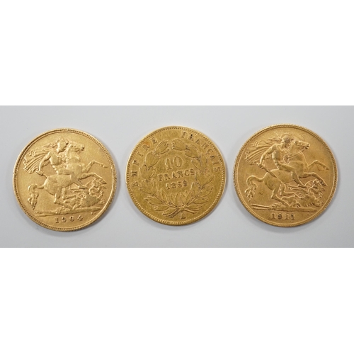 1921 - Two gold half sovereigns, 1904 & 1911 and a French gold 1859 10 franc coin.