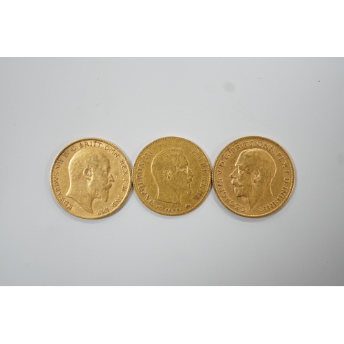 1921 - Two gold half sovereigns, 1904 & 1911 and a French gold 1859 10 franc coin.