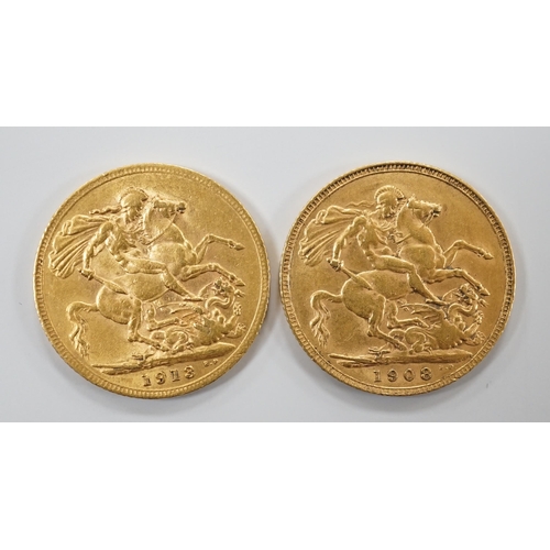 1922 - Two gold sovereigns, 1908 & 1913.