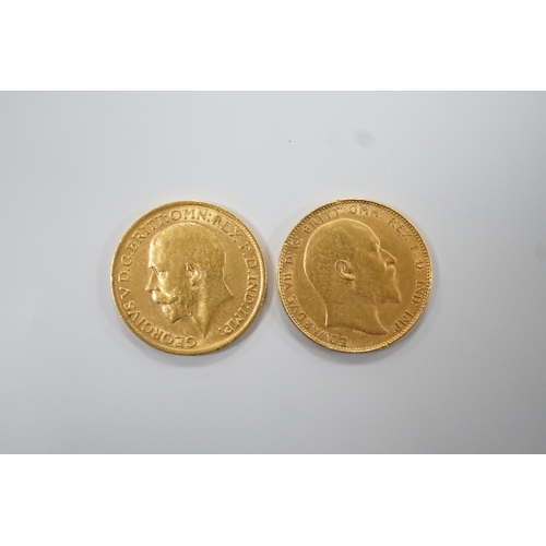 1922 - Two gold sovereigns, 1908 & 1913.