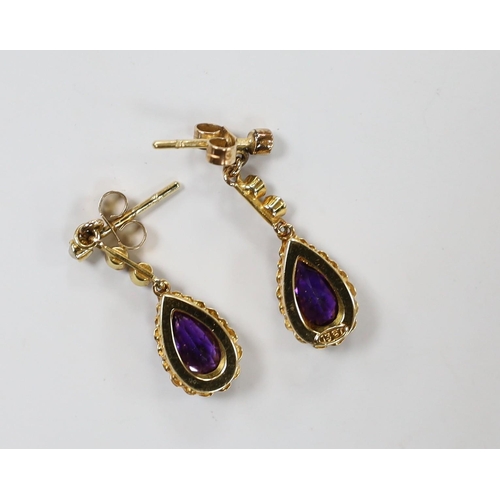 1930 - A pair of late Victorian, 15ct, amethyst and seed pearl set drop earrings, 29mm, gross weight 3.5 gr... 