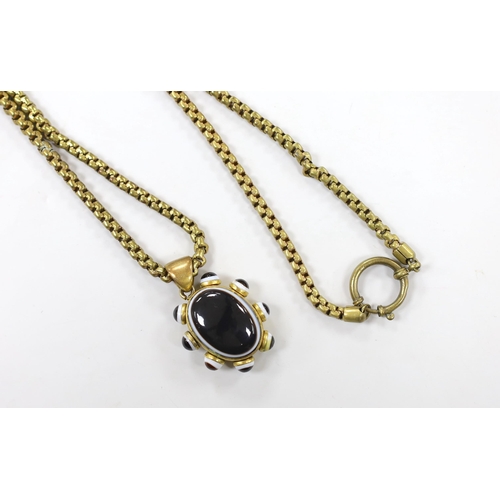 1939 - A Victorian pinchbeck and banded agate set pendant, 39mm, on a gilt metal chain.