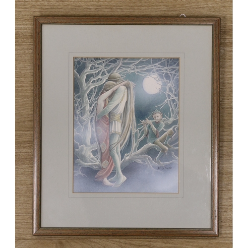 1666 - Jenny Press, watercolour, Medieval lovers by moonlight, signed and dated '88, 25 x 19.5cm