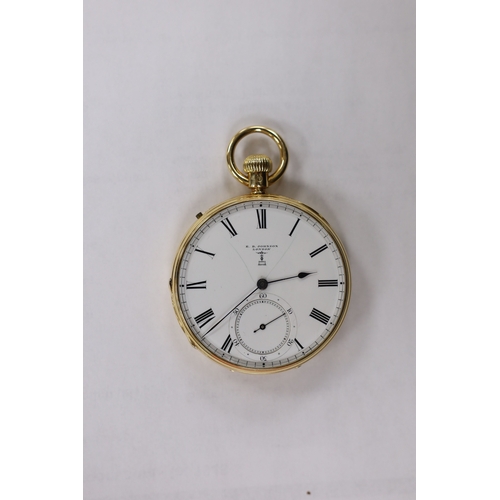 1946 - A late Victorian 18ct gold open face pocket watch, by E.G. Johnson, London, with Roman dial and subs... 