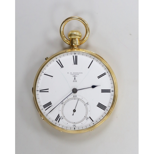 1946 - A late Victorian 18ct gold open face pocket watch, by E.G. Johnson, London, with Roman dial and subs... 