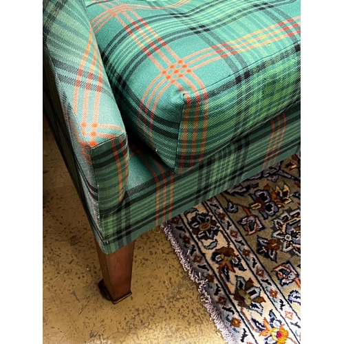 103 - An Edwardian tartan fabric upholstered two seater settee, length 120cm, depth 64cm, height 102cm tog... 