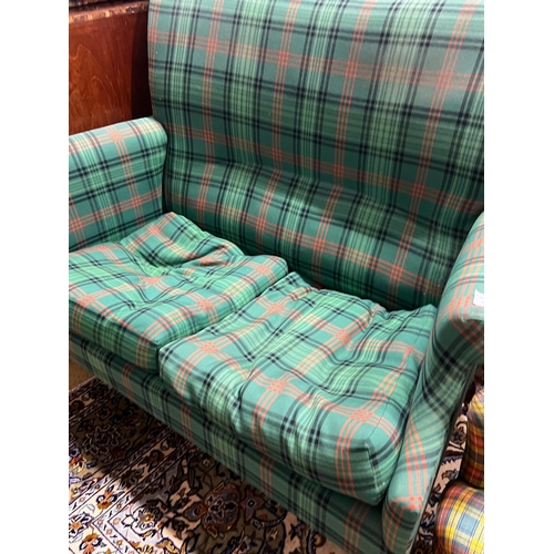 103 - An Edwardian tartan fabric upholstered two seater settee, length 120cm, depth 64cm, height 102cm tog... 