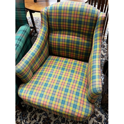 103 - An Edwardian tartan fabric upholstered two seater settee, length 120cm, depth 64cm, height 102cm tog... 