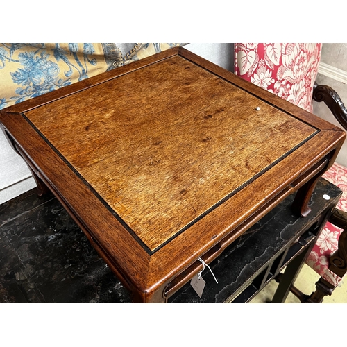 11 - A Chinese carved hardwood square low table, width 59cm, height 29cm