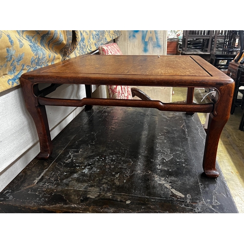 11 - A Chinese carved hardwood square low table, width 59cm, height 29cm