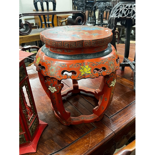 113 - A Chinese red lacquer circular vase stand, diameter 44cm, height 47cm together with a similar Chines... 