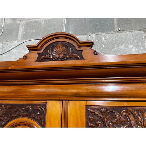 142 - A late Victorian satin walnut and burr elm two door mirrored wardrobe, width 130cm, depth 50cm, heig... 