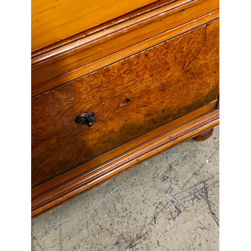 142 - A late Victorian satin walnut and burr elm two door mirrored wardrobe, width 130cm, depth 50cm, heig... 