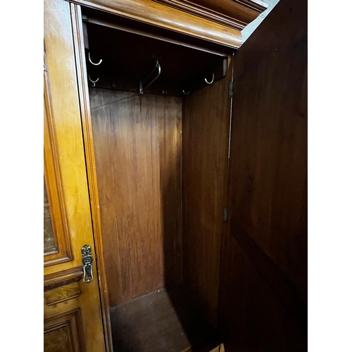 142 - A late Victorian satin walnut and burr elm two door mirrored wardrobe, width 130cm, depth 50cm, heig... 