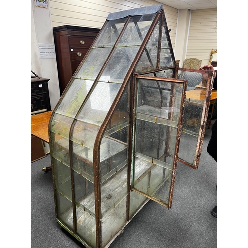 160 - A vintage arched greenhouse on wheeled base, width 136cm, depth 51cm, height 174cm