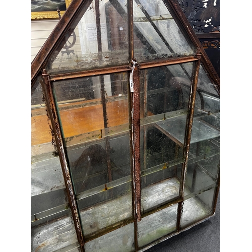 160 - A vintage arched greenhouse on wheeled base, width 136cm, depth 51cm, height 174cm