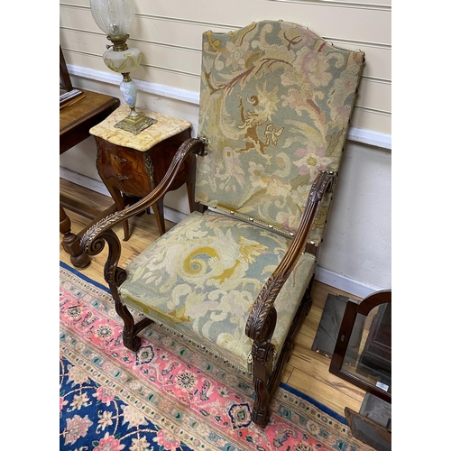 171 - A pair of Louis XIII style walnut tapestry open armchairs, width 65cm, depth 62cm, height 116cm... 