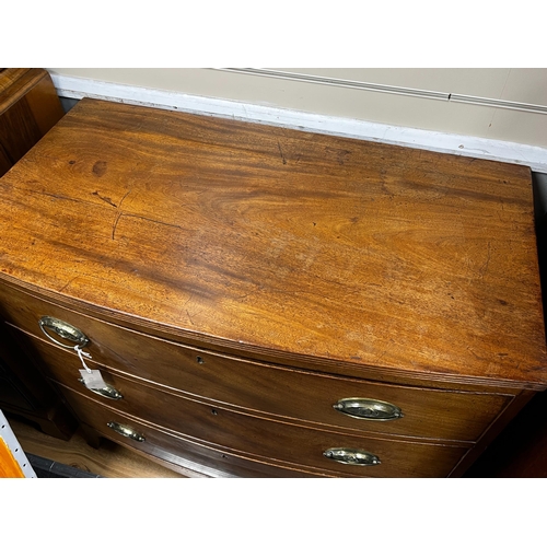 180 - A Regency mahogany bowfront three drawer chest, width 92cm, depth 51cm, height 85cm